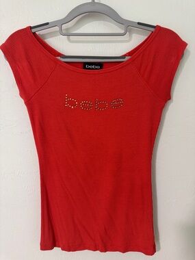 bebe Red Studded Logo Ribbed Short Sleeve Top